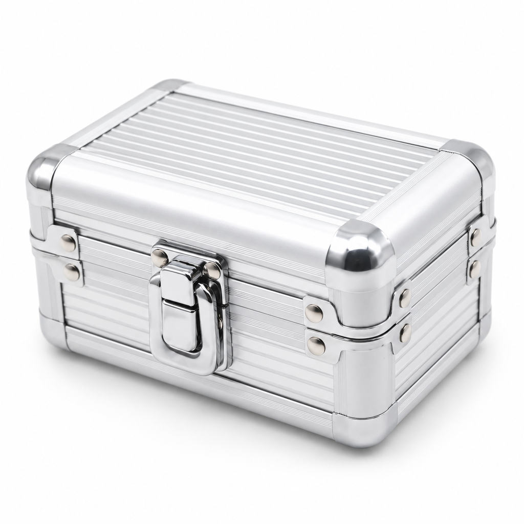 Coffret à bijoux en aluminium, vue de trois quarts gauche