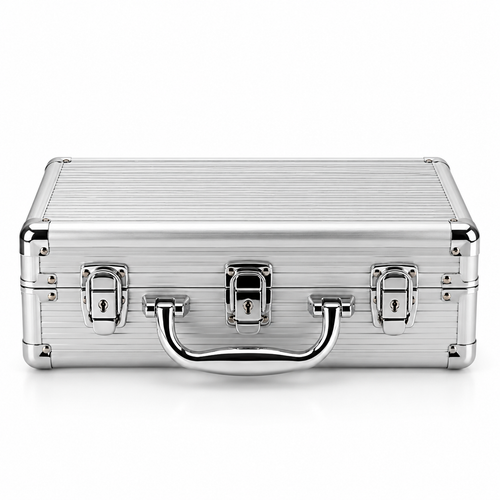 Mini-valise en aluminium, vue de face rapprochée